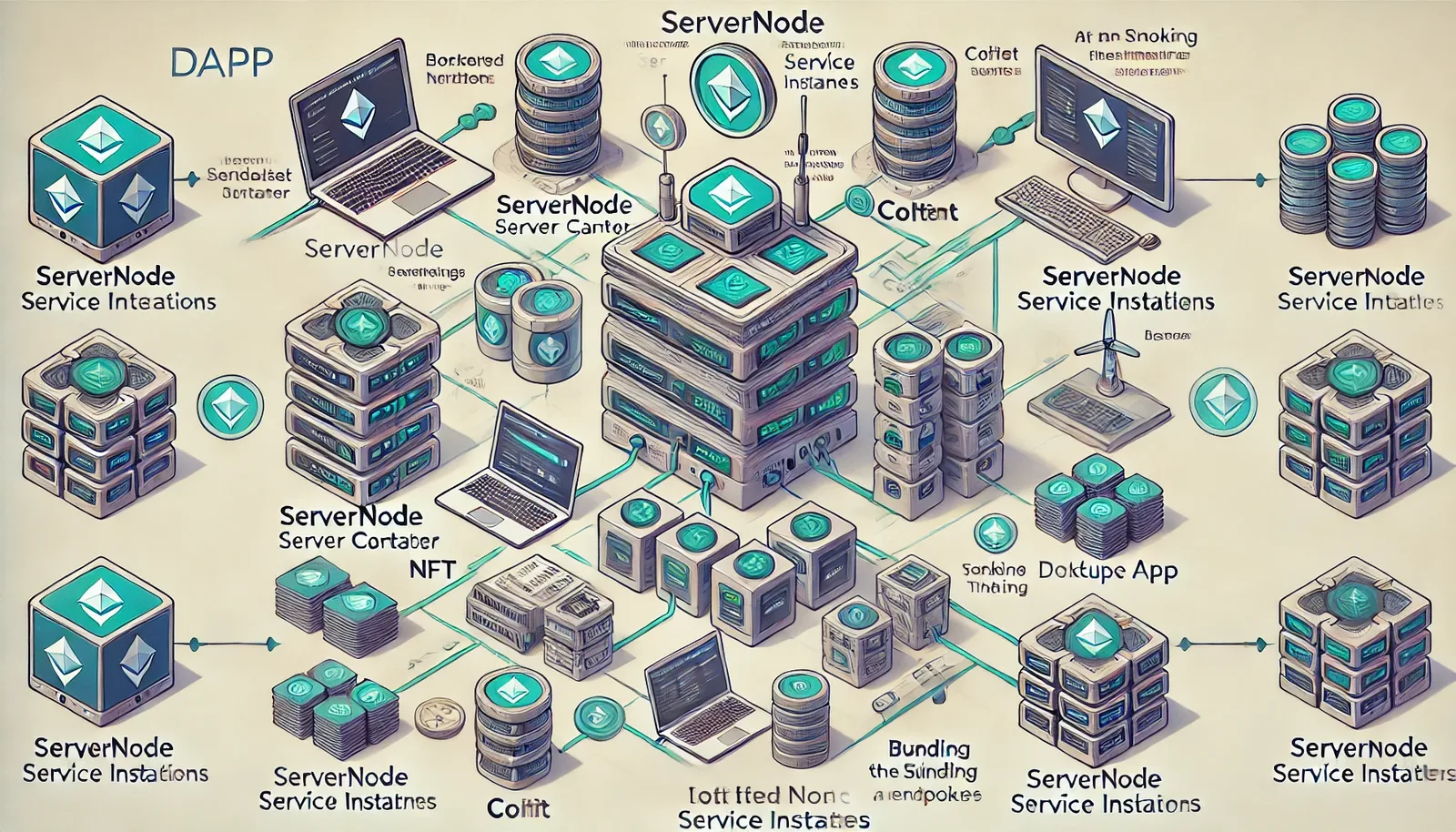 DALL·E 2024-07-28 13.06.07 - A detailed system architecture diagram illustrating a decentralized application (Dapp). The diagram should include two main components_ ServerNode and.webp